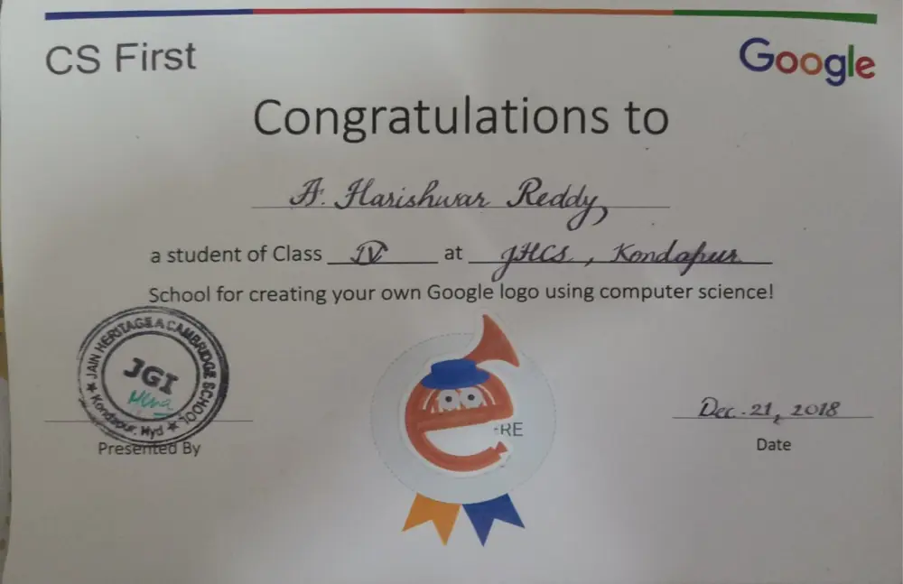 Google CS First certificate