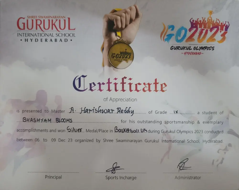 Gurukul Olympics 2023 certificate of appreciation for a silver medal in Under 14 basketball