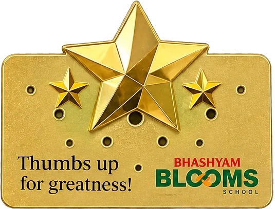 Gold magnet with raised stars reading Thumbs up for greatness!, Bhashyam Blooms School