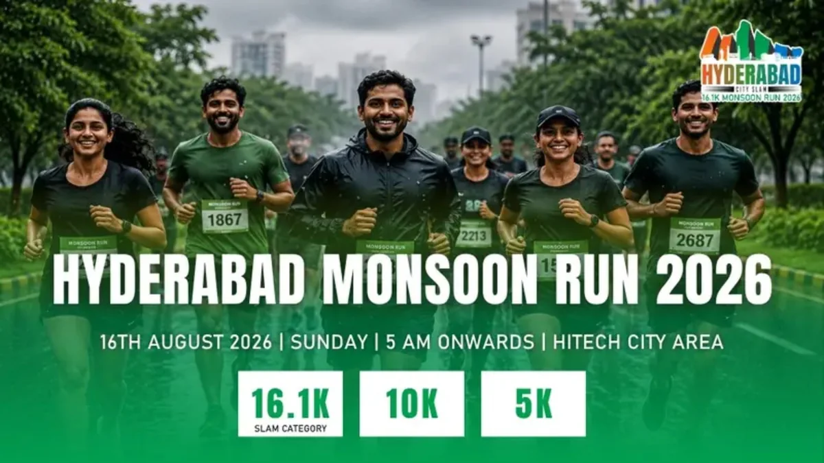 Official poster for the Hyderabad Monsoon Run 2026, 16 August 2026, HITEC City area, with 16.1K, 10K and 5K categories