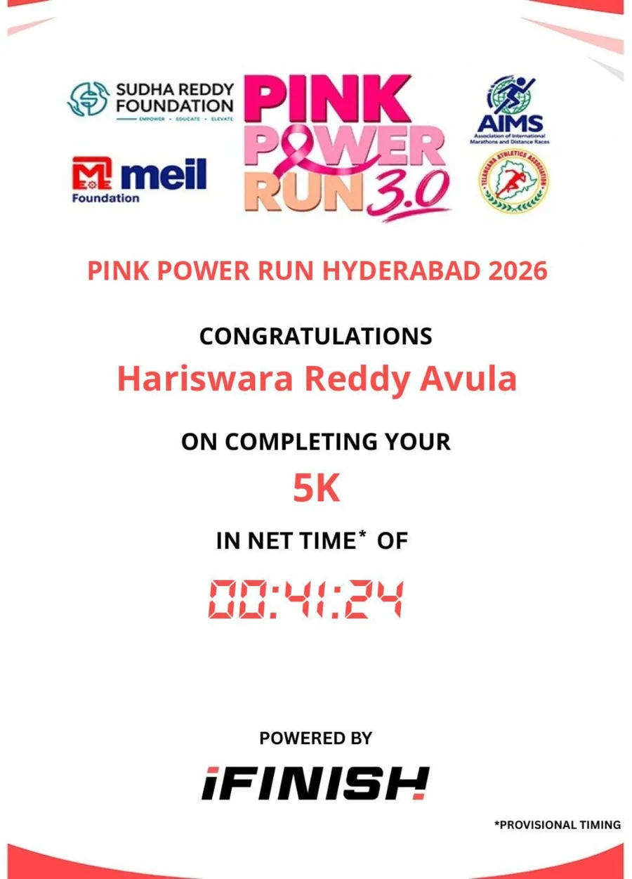 Pink Power Run Hyderabad 2026 certificate congratulating Hariswara Reddy Avula on completing the 5K in a net time of 00:41:24, provisional timing