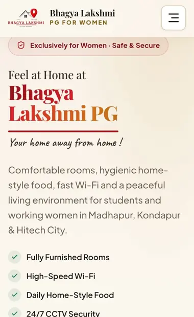 Bhagya Lakshmi PG website on a phone