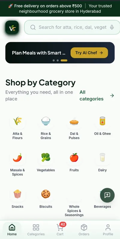 Vedasri Traders home screen with grocery categories and AI Chef