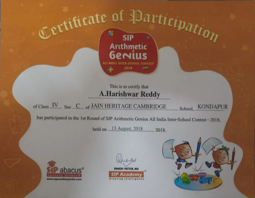 SIP Arithmetic Genius 2018 certificate