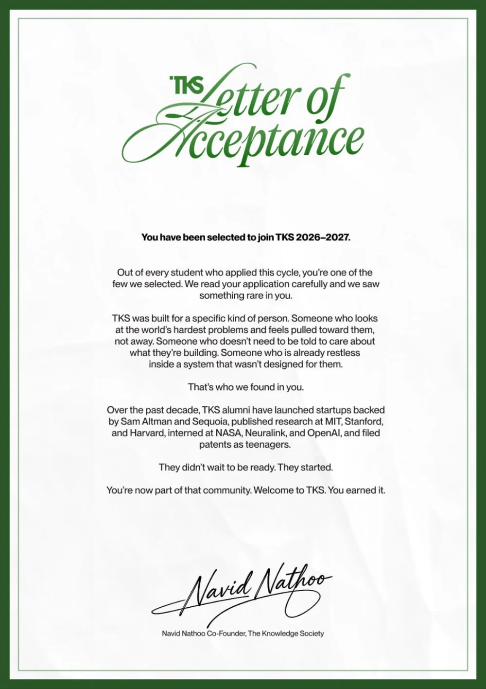 TKS Letter of Acceptance stating: You have been selected to join TKS 2026-2027