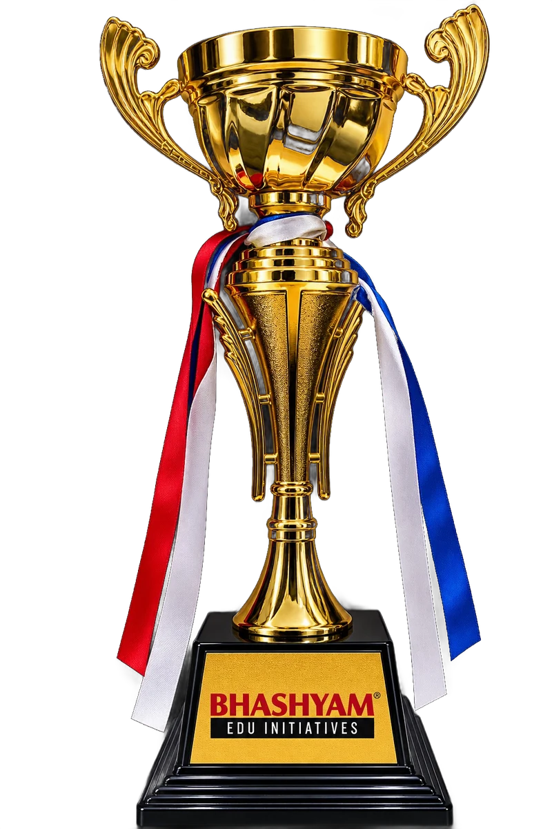 Gold cup trophy with red, white and blue ribbons on a Bhashyam Edu Initiatives base