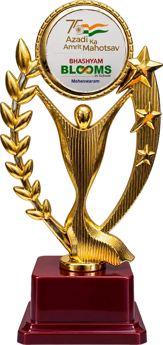 Gold trophy of a figure with raised arms and a laurel, holding a disc with the Azadi Ka Amrit Mahotsav and Bhashyam Blooms Maheswaram emblems
