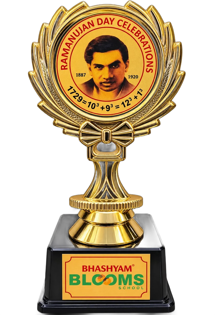 Trophy with a portrait of Srinivasa Ramanujan, the words Ramanujan Day Celebrations and 1729 = 10 cubed + 9 cubed = 12 cubed + 1 cubed