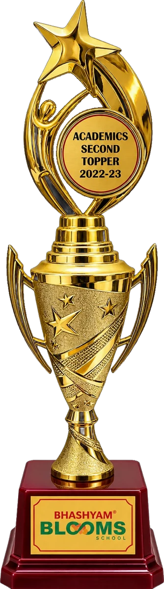 Tall gold star trophy reading Academics Second Topper 2022-23, on a maroon Bhashyam Blooms base