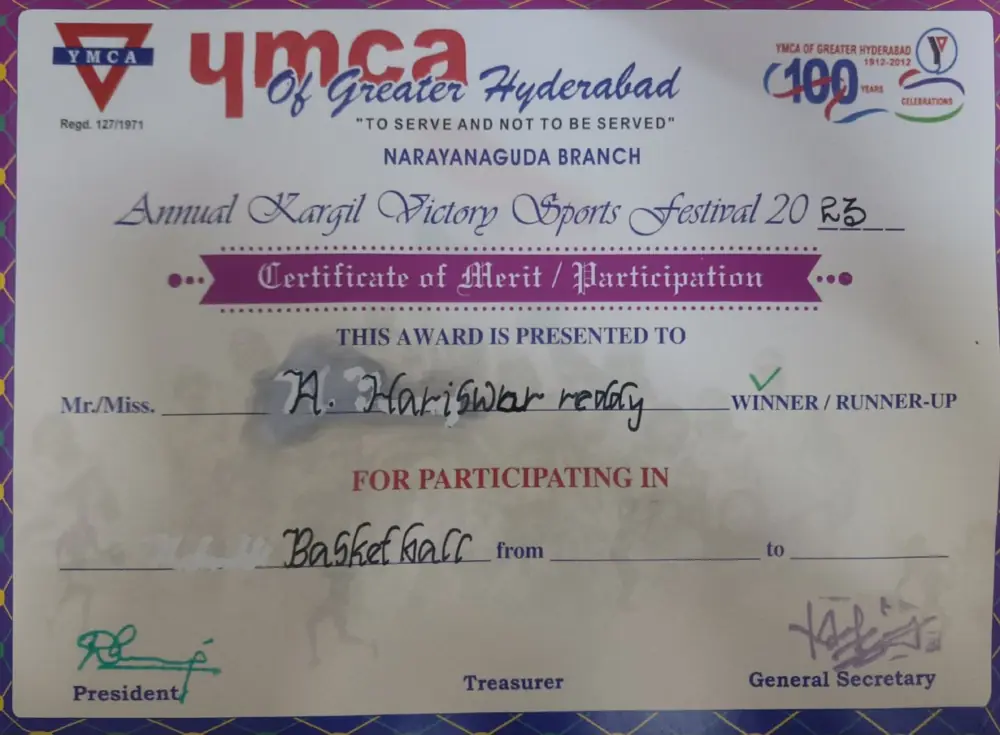 YMCA basketball certificate